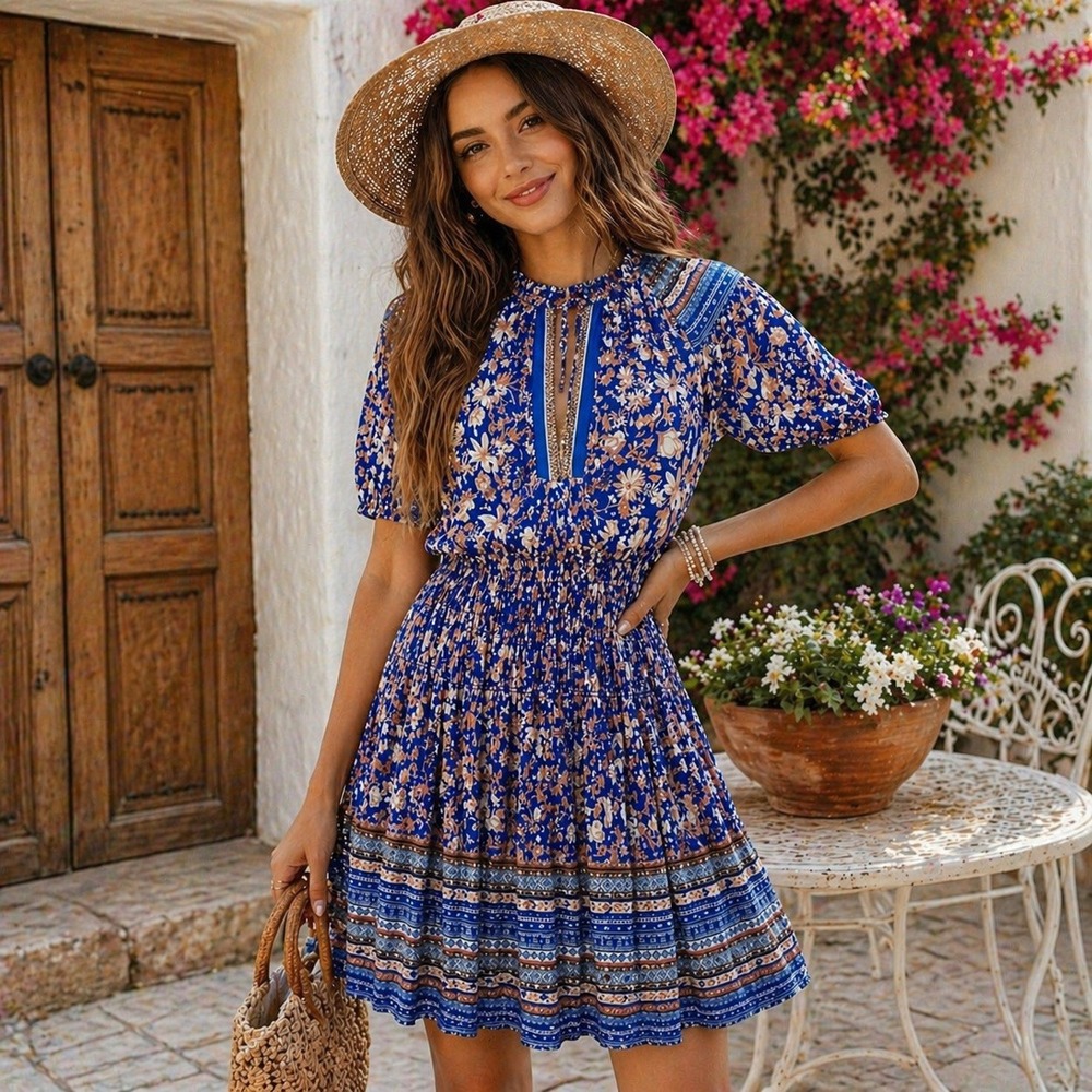 Current Air Floral Smocked Mini Dress Womens S Blue Boho Pleated Summer Romantic
